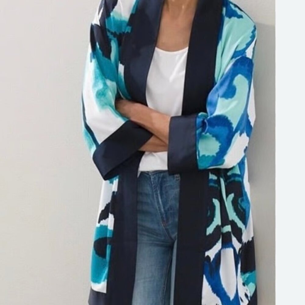 Chico’s Travelers Silky Scroll Print Open Front Kimono Jacket Women’s S/M
